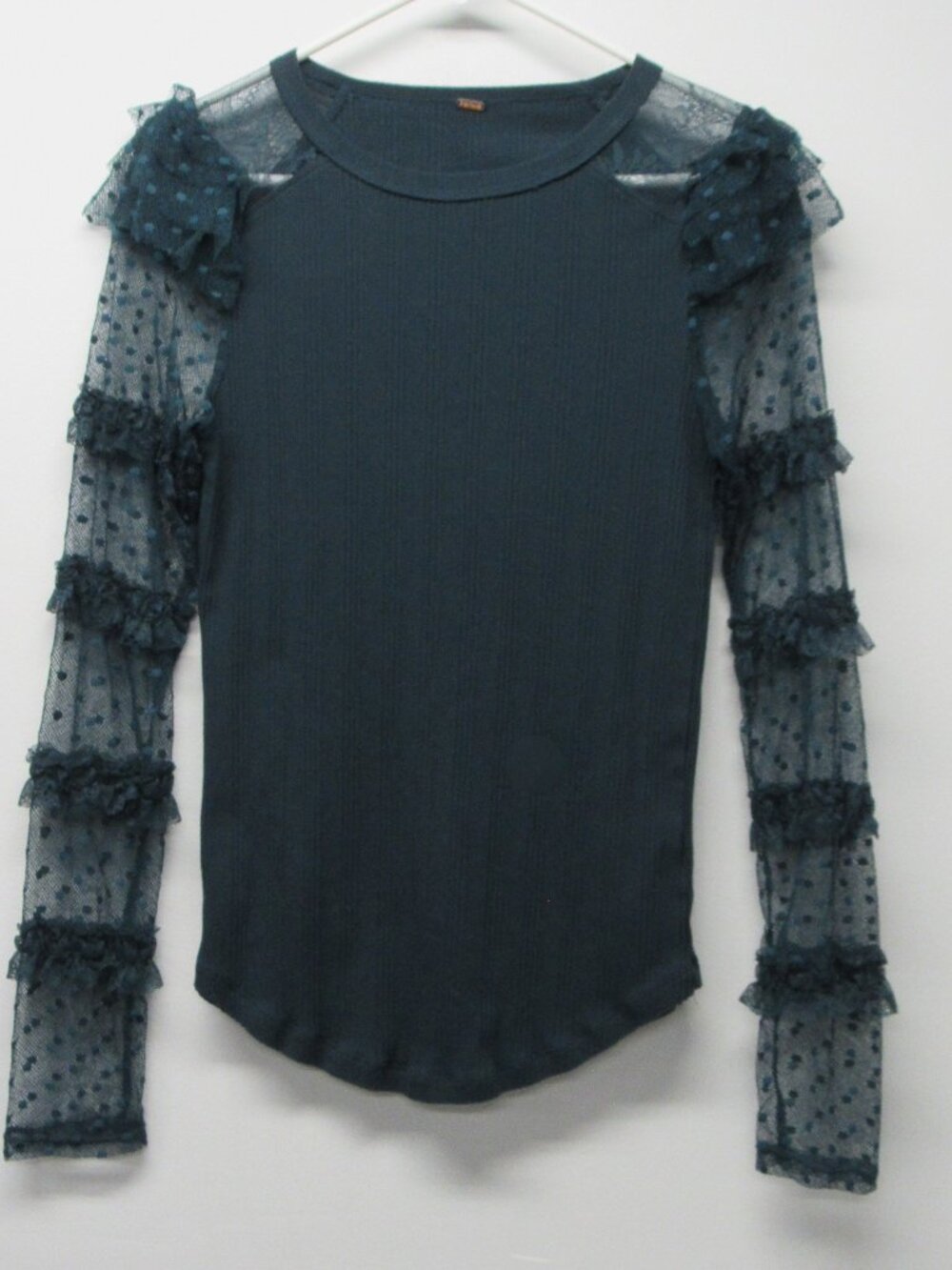 Free People Kiss Kiss Ruffle Lace Jersey Top Sheer Sleeves S/M? Dark Teal Green - Picture 2 of 5